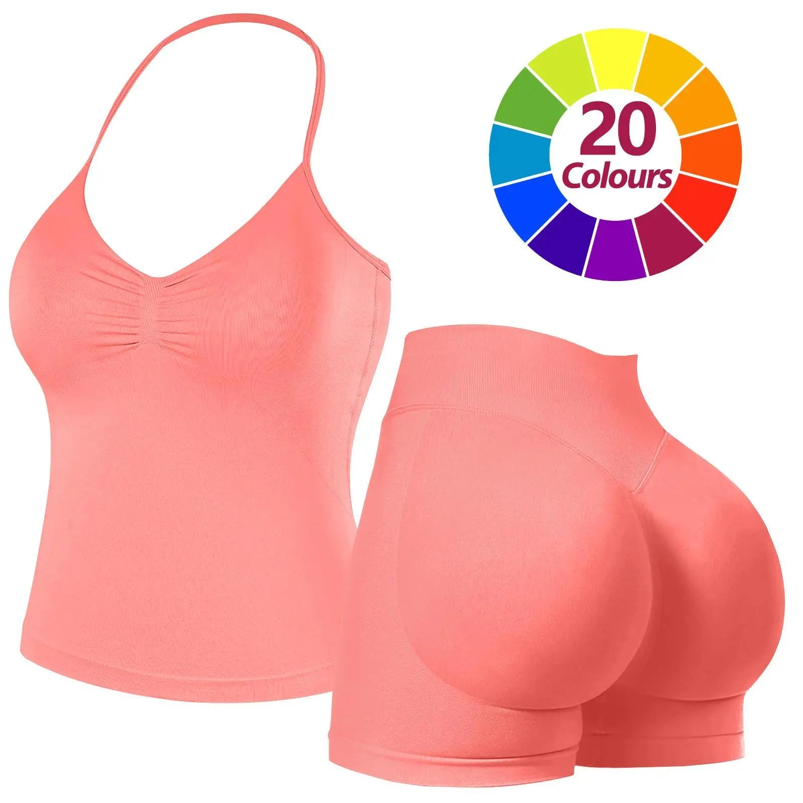 JGS1996 Two-Piece Sports Sets for Women Solid Seamless Halter Tank Top with High Waist Shorts Set for Yoga Fitness Gym Workout Running Breathable & Comfortable Activewear Summer